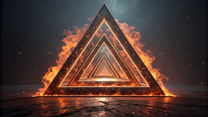 Glowing fire triangles mystical tunnel through burning flame illusion digital artwork dark background