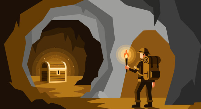 Adventurer with torch and backpack discovers glowing treasure chest deep within a dark, rocky cave.