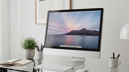 Modern home office desk with an Apple iMac computer, keyboard, mouse, and a small plant, set in a minimalist white room with natural light.
