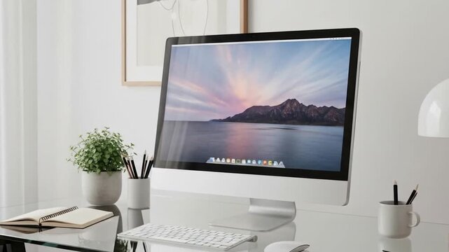Modern home office desk with an Apple iMac computer, keyboard, mouse, and a small plant, set in a minimalist white room with natural light.