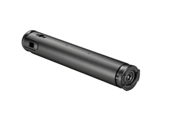 Dark gray cylindrical device, slightly angled.  Small, recessed features visible along its length.  Rounded ends