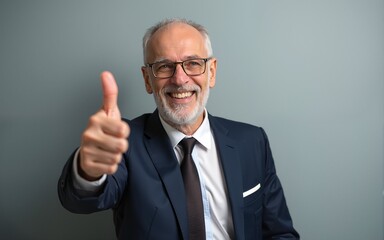 Nice job son. Portrait of proud and pleased good-looking old father in elegant suit and glasses showing thumbs up and smiling delighted from good positive result showing like gesture over grey wall