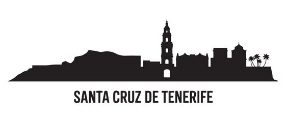 Fototapeta premium Santa Cruz de Tenerife skyline horizontal banner. Santa Cruz de Tenerife, Spain. Vector black silhouette. with white background