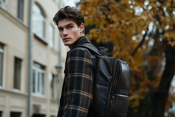 Stylish Man Over Shoulder with Leather Backpack and Autumnal Backdrop Outdoors