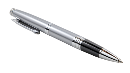 Sleek, metallic ballpoint pen angled