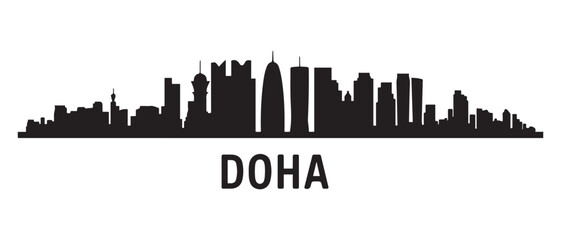 Obraz premium Panoramic View of Downtown Doha Skyline. Doha city black silhouette skyscrapers and buildings. Long cityscape. Vector black silhouette. with white background