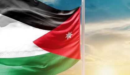 Jordan national flag waving in an amazing sunlight. National flag wavering on mast.