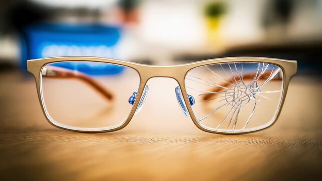 Damaged eyeglasses lying on weathered wooden surface, revealing delicate frames and cracked lenses