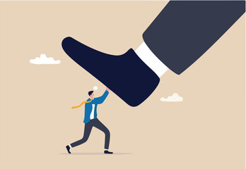 Unfair competition, cheating or using authority and power to abuse competitor, violence, conflict or employee fight concept, small employee trying to push back giant boss or competitor big feet
