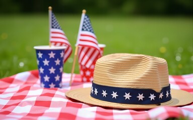 A festive fourth of july picnic setup with american flags star spangled cups and a straw hat resting on a checkered blanket in the grass. High quality