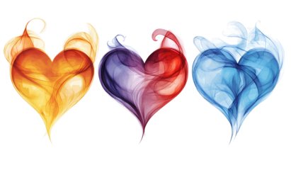 colorful vector illustration of three hearts, each in different colors and shapes. the heart shape is made up of flowing lines or curves that create an elegant design.