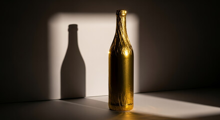 Glistening gold champagne bottle with a brilliant shine and artistic shadow