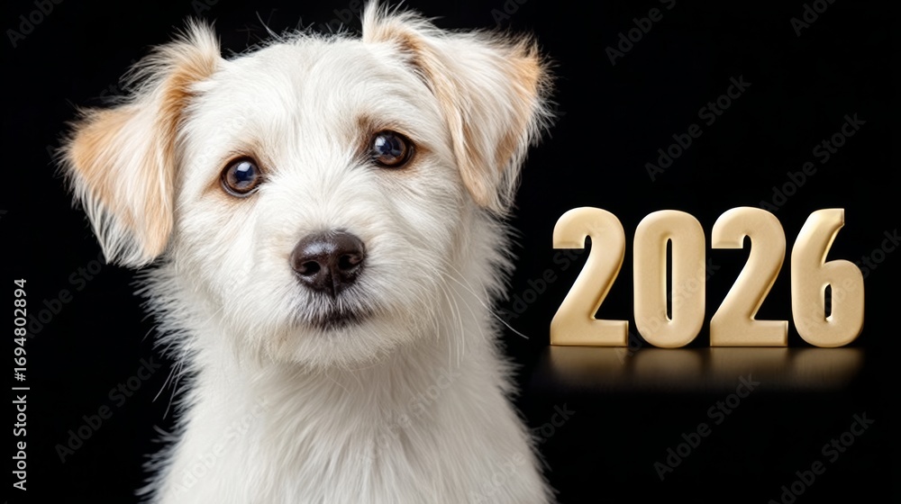 Poster a dog is staring at the camera with the year 2016 written below it. the image has a playful and ligh