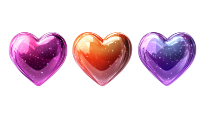vector illustration of three hearts in different colors isolated on a transparent background.