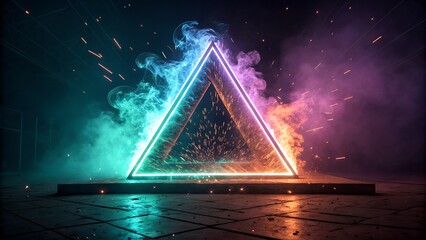 Abstract glowing neon triangle with vibrant colors and smoke effects creating an immersive and futuristic design.