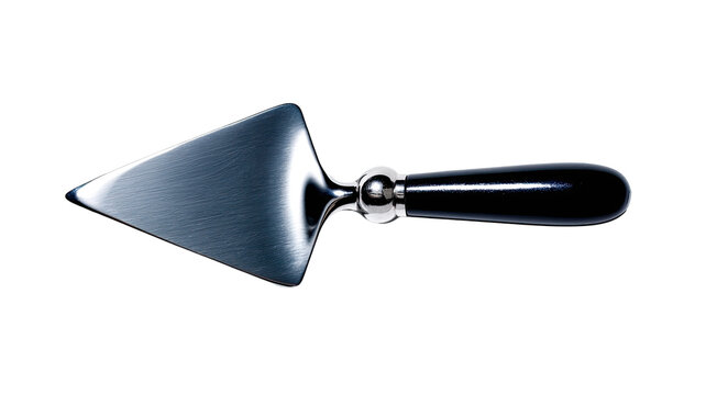 A polished, stainless steel, triangular serving tool with a dark handle