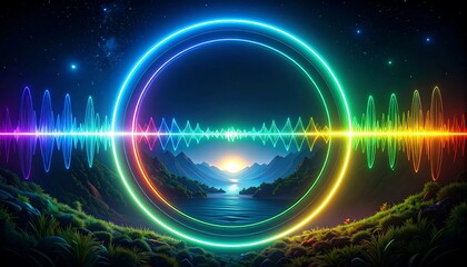 Colorful rings enclose a serene landscape