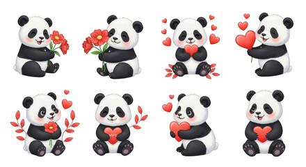 Fototapeta premium Group of adorable panda bears holding flowers and hearts isolated on transparent background