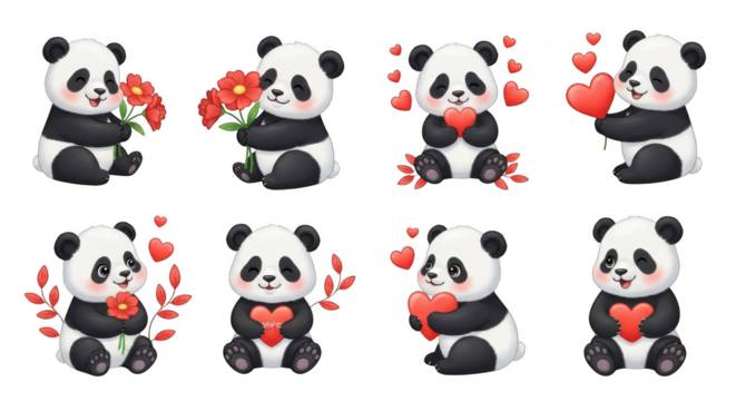 Group of adorable panda bears holding flowers and hearts isolated on transparent background