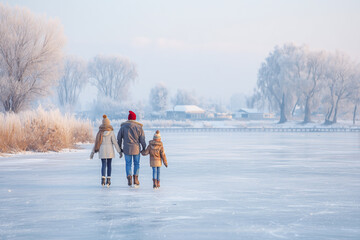 Family ice skating on frozen lake, bundled in cozy winter clothes, non-christmas seasonal scene