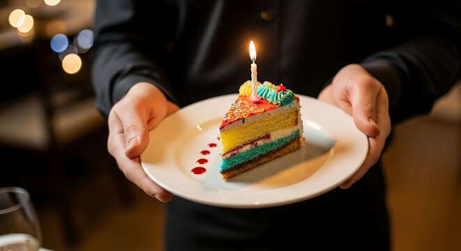 Cheerful waiter presenting birthday dessert with candle on a plate