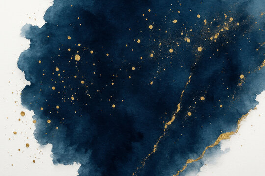 Abstract dark blue watercolor splash with scattered gold glitter and shimmering particles on white background
