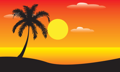 Illustration of a natural landscape in summer, silhouette of coconut trees, sea and sunset