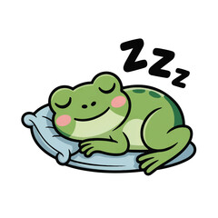 Obraz premium Cute cartoon frog sleeping peacefully on a pillow, isolated on white background