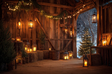Rural christmas celebration in countryside barn, warm lantern light, rustic festive