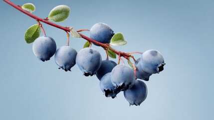 Branch of blueberries is shown in a blue sky. The blueberries are frozen and appear to be covered in ice