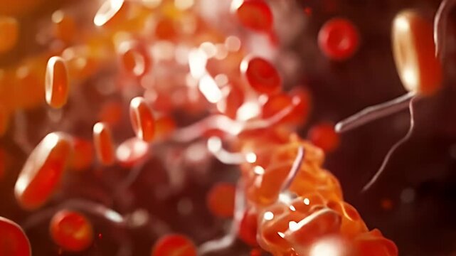 赤い血球が血管を流れる様子を示す医療イラストの詳細な描写と医学的概念