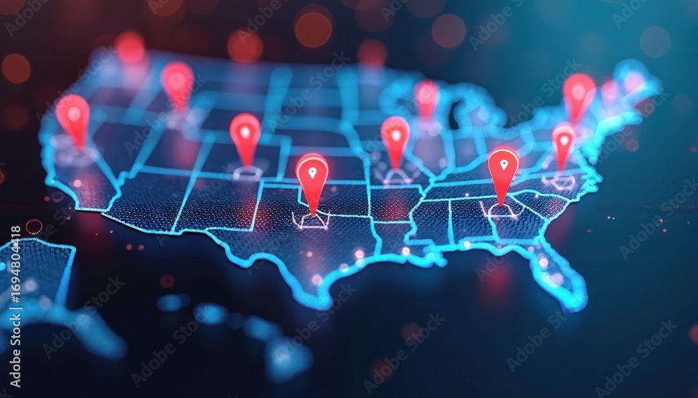 Poster Digital map of USA with glowing blue outlines and red location markers. Abstract network grid lines connect multiple points across territory, representing data visualization and connection technology.