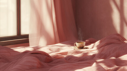 beautiful bed with rumpled sheets softly illuminated by morning light