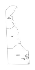 State of Delaware, outline map. U.S. state in the Mid-Atlantic and Northeastern region of United States, subdivided into the 3 counties New Castle, Kent, and Sussex. Map with borders and county names.