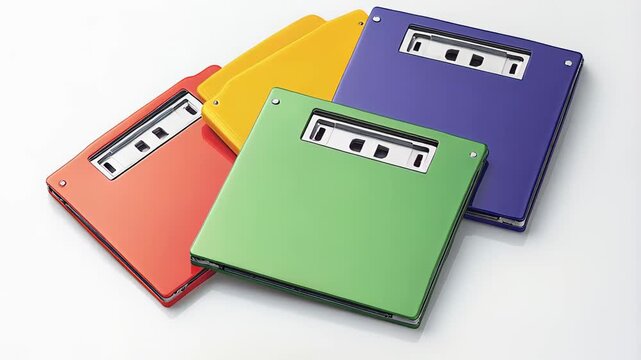 Multiple colorful floppy disks arranged on a white background create a vibrant and nostalgic scene