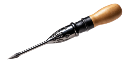 A finely crafted,  angled  metal  tool with a  light  wooden handle