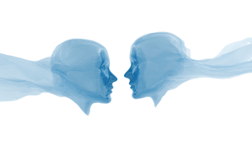 Two translucent, light-blue human profiles, seemingly merging or interacting, against a black background.  The heads are outlined, and the interior is a soft, hazy blue, giving an ethereal quality.
