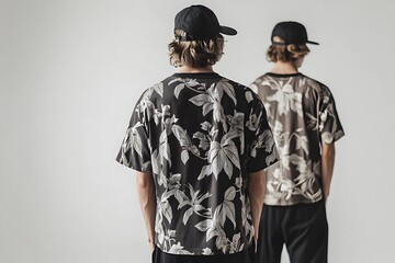 Two Men Wearing Floral Print Shirts and Black Caps Against White Background