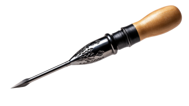 A finely crafted,  angled  metal  tool with a  light  wooden handle