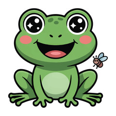 Fototapeta premium Cute cartoon green frog with big eyes and a happy smile, isolated on white background, with a small fly nearby