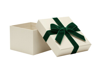 Isolated Gift Box with Green Velvet Ribbon on Neutral Surface – Present, Package, Holiday Theme