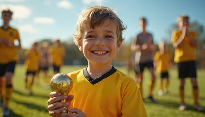 Young boy holds golden soccer trophy with happy teammates celebrating on field. Child wears yellow uniform, smiles brightly after winning game. Football victory childhood success, teamwork, pure fun.