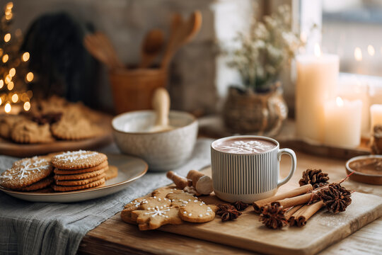 Homemade festive meal preparation in cozy kitchen, gingerbread cookies, hot cocoa, candles, warm lighting
--ar 3:2
- Powered by Adobe