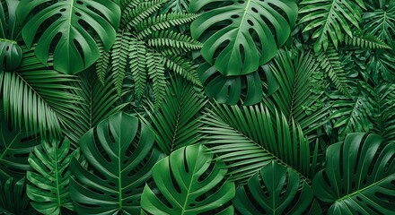 Lush green tropical foliage background vibrant and dense