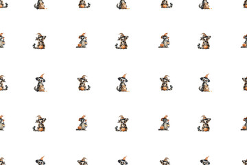 Seamless Halloween pattern with cute lemurs in witch hats flying on broomsticks, holding pumpkins, cauldrons, lanterns, and surrounded by spooky candy, lollipops, and festive holiday decorations.