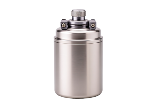 Cylindrical metal container with top fitting.