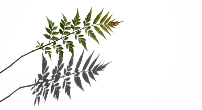 Leaf and Shadow: A close-up shot of a slender leaf branch casts a detailed shadow, highlighting its delicate structure against a minimalist backdrop, perfect for a natural and organic aesthetic.