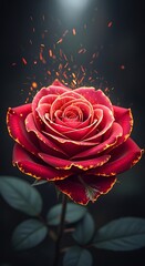 A vibrant crimson rose, highlighted with fiery gold, glows against a dark backdrop, bathed in a soft spotlight.