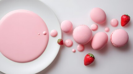 elegant plated dessert with strawberry, minimal background left side, top view 