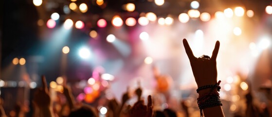 The Concert Crowd Raising Rock Hand Amid Colorful Stage Lights and Live Band